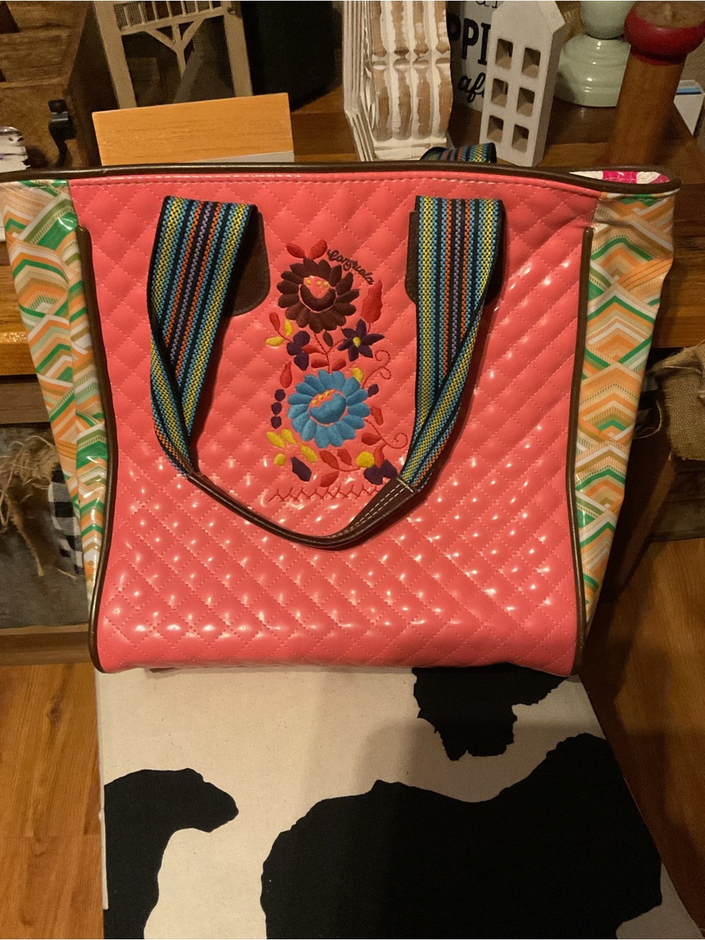 Consuela Southern Shine Pink Classic Tote  Coral Pink Embroidered Flowers